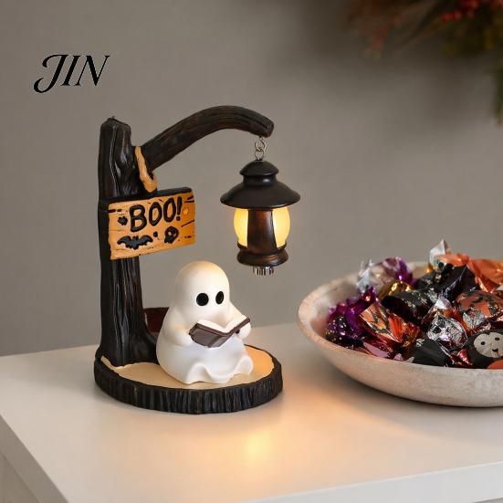 Gothic Witch Halloween Decoration Witch/Ghost LED Lamp, Resin Ornament with Warm Light for Home Decor Decor, Desktop Spooky Night Party Mysterious