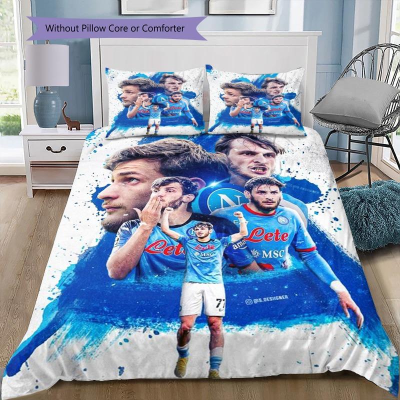 SSC Napoli Champion Squad Bedding Set, Blue Team Photo Duvet Cover Set, 3 Piece Football Bed Linen for Sports Fan Bedroom Decor