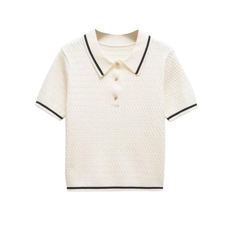 Spring New Women's Clothing Fashion Style Contrast Color Trim Short Sleeve Polo Shirt Collar Sweater Tops 6771054