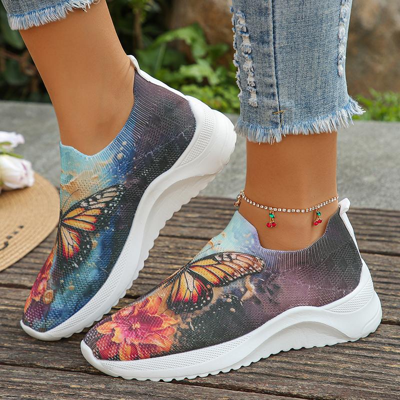 Модные носки с принтом бабочек, кроссовки для женщин, дышащие, вязаные, повседневные, спортивная обувь, женские туфли на танкетке, туфли для ходьбы, большие размеры