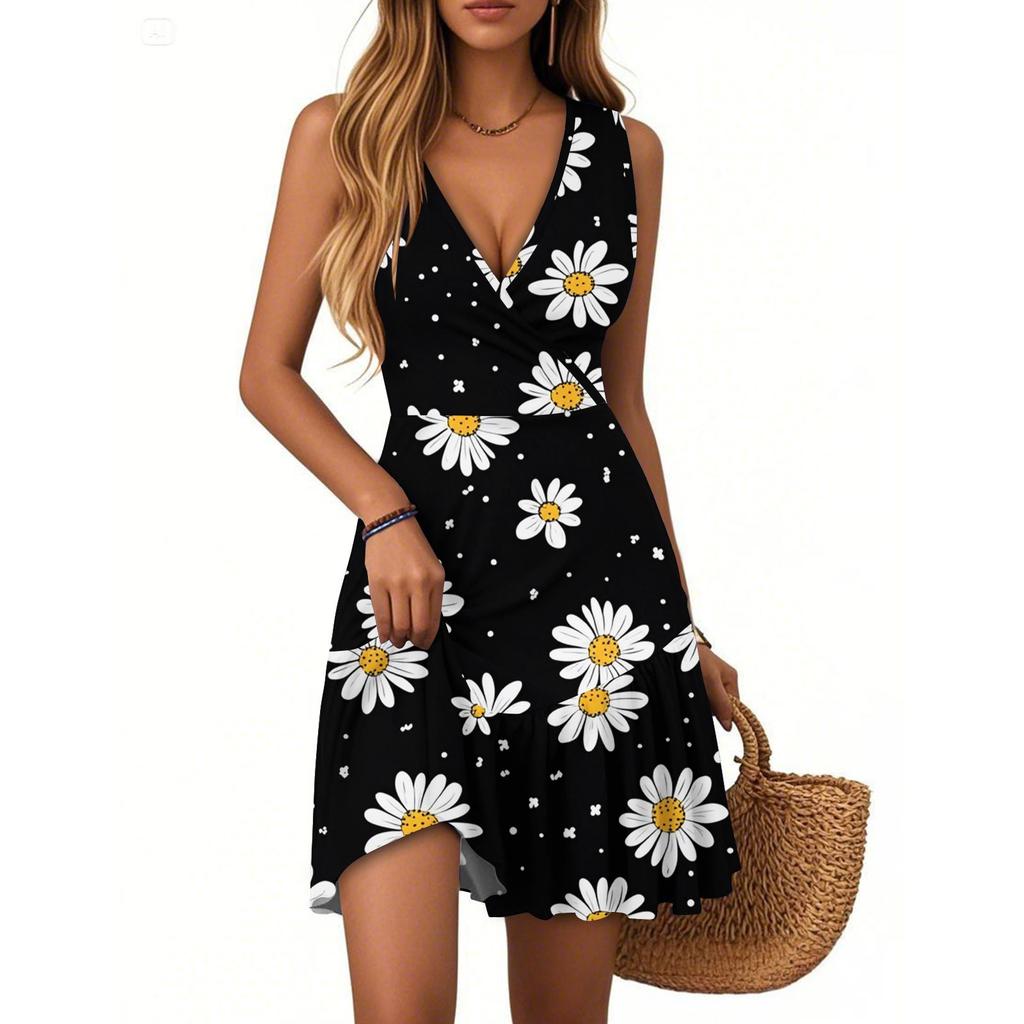 Women's Dress V-neck Sleeveless Casual Floral Print Hem Pleated Dress