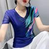 Сетчатая модная футболка с V-образным вырезом для женщин, с короткими рукавами, летняя, новая, модная, с принтом, облегающий маленький топ-майка