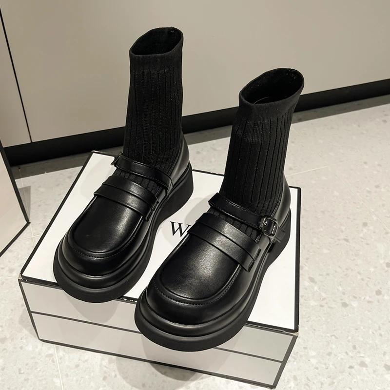 Модные туфли на плоской подошве на платформе, эластичные носки, дизайнерские женские туфли до щиколотки, модные зимние короткие ботинки для ходьбы 2024 года, женские готические ботинки челси