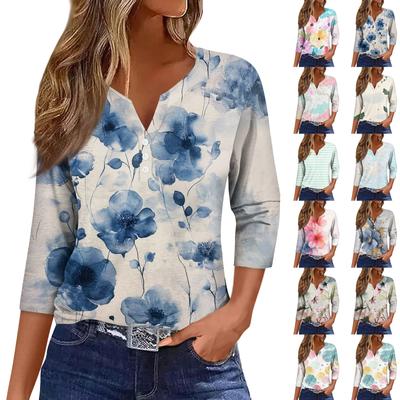 Женская модная повседневная футболка с коротким рукавом и V-образным вырезом, декоративными пуговицами и рукавом три четверти