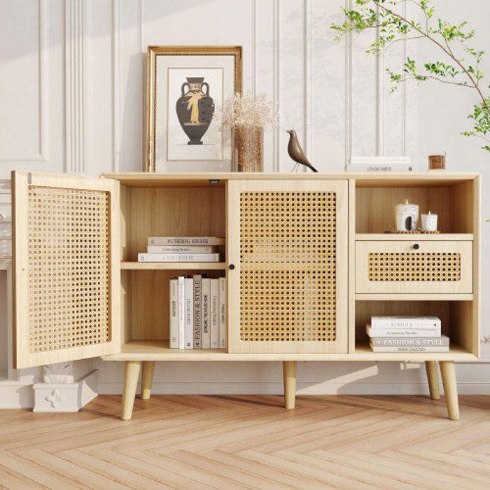 Buffet - MUVOE - Commode avec 1 tiroir et 2 portes - Tissu rotin - Chêne - FSC®