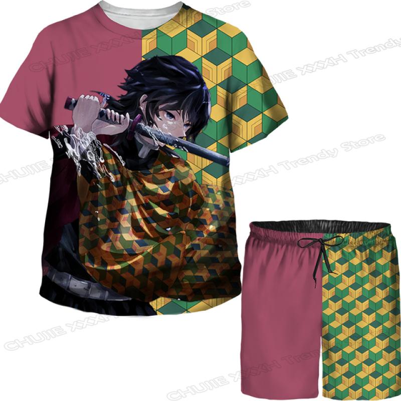 Детские топы/брюки/костюм с 3D принтом японского аниме «Убийца демонов» для девочек Kimetsu No Yaiba Tomioka Giyuu, комплект футболок и шорт с мультяшным рисунком