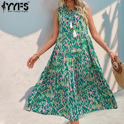 Женская мода на лето и весну в богемном стиле с принтом без рукавов и v-образным вырезом со средней талией повседневные платья