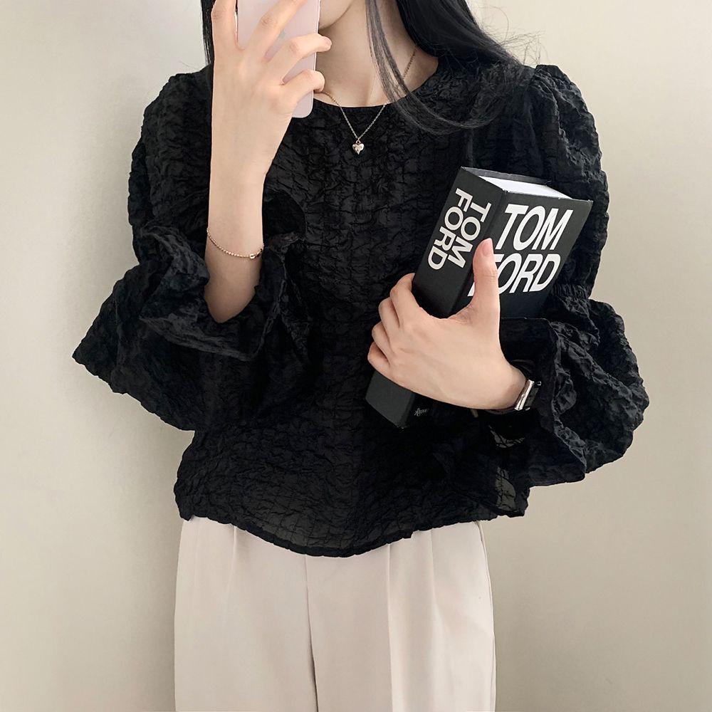 South Korea Chic Spring French Temperament Round Neck Bubble Ruffle Design Loose Casual All-match Lantern Sleeve Shirt Woman