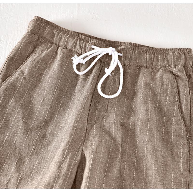 Летние хлопковые льняные мужские брюки, узкие брюки с эластичной талией и завязками на шнурке, повседневные дышащие модные полосатые мужские брюки