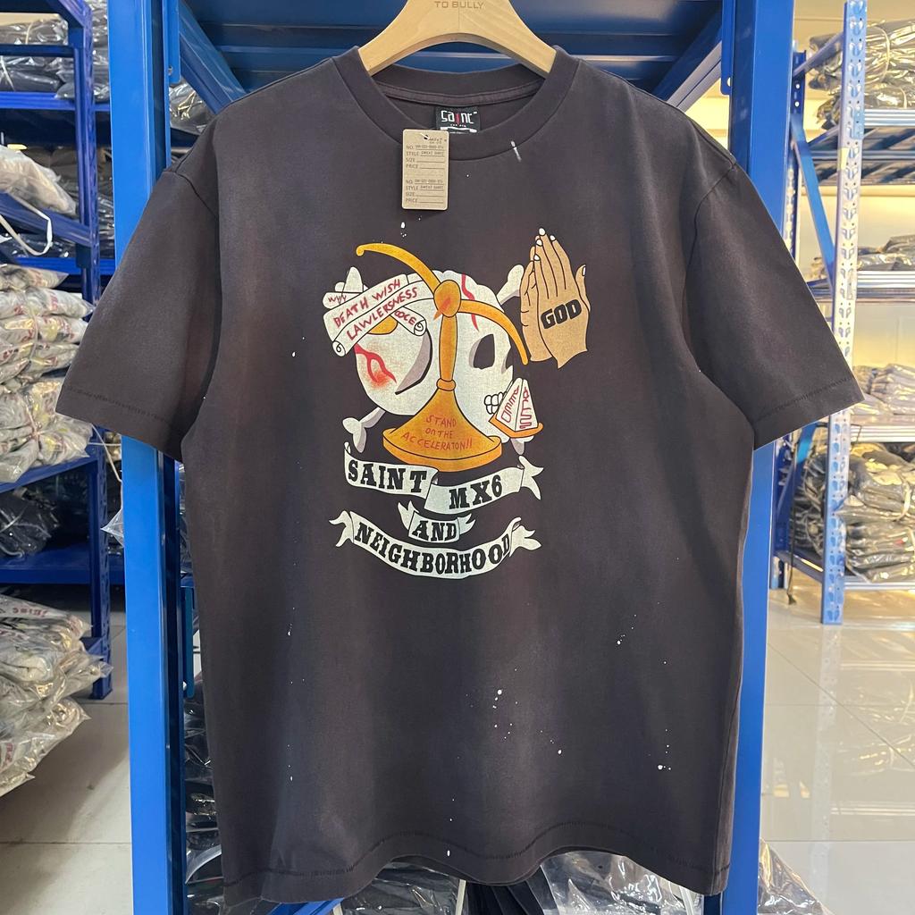 Винтажная футболка Saint 25SS NBHD с креативным принтом, уличный стиль, стирка, ретро, свободная, повседневная, чистый хлопок, короткий рукав