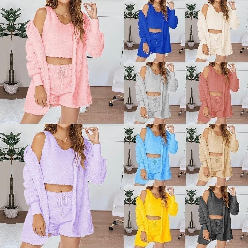 Home Wear Long Sleeved Plush Casual Three Piece Set Jacket Vest Shorts Sports Suit