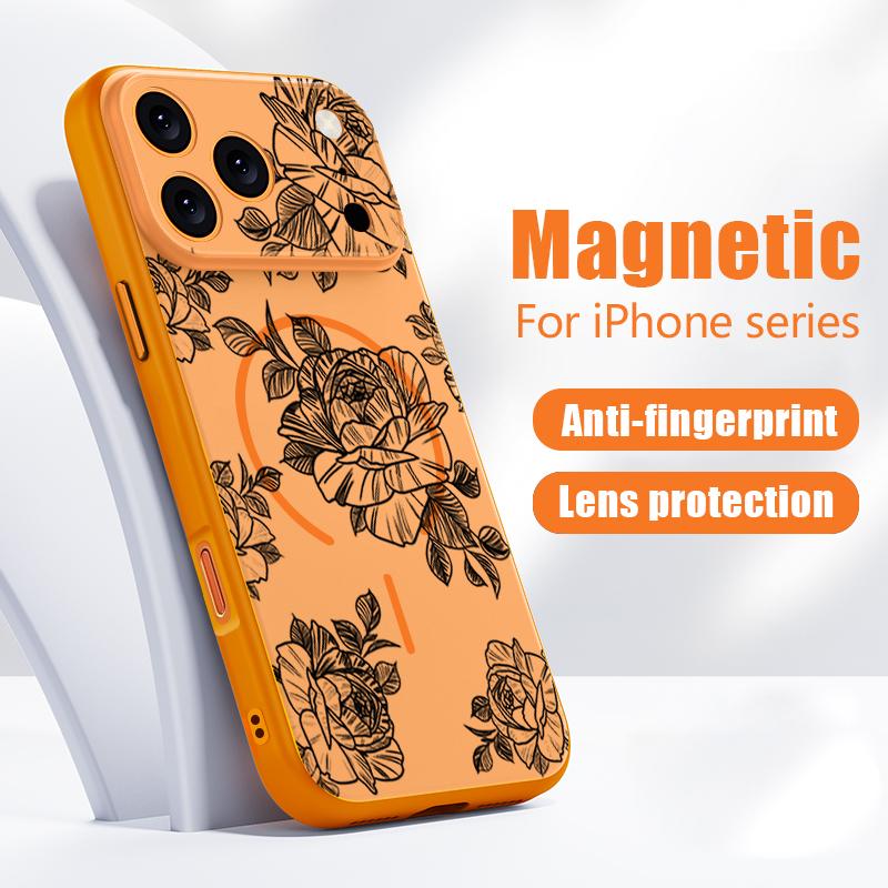 Чехол с узором розы в стиле эскиза для iPhone 17 Pro Max Магнитный для Magsafe Гибридная Тонкая Матовая Крышка для iPhone 16 15 14 13 Pro Max
