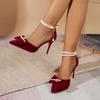 Fashion Elegant Ladies Pearl Ankle Strap Pumps Autumn 2025 Pointed Toe Flock High Heels Shoes Woman Party Wedding Stiletto Heeled Shoes