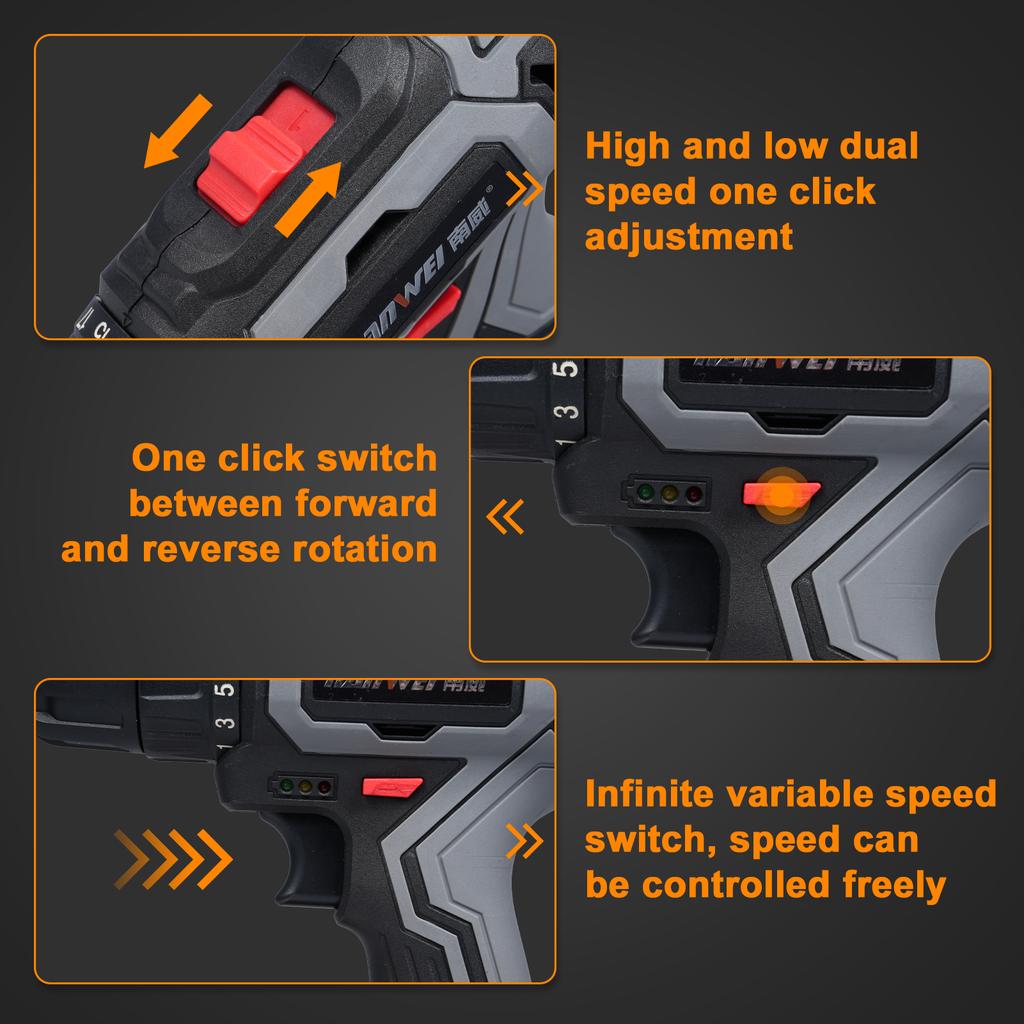 Electric Drill Sets Dual Speed Cordless Drill 25+1 Gear Torque Adjustment 10pcs Bit Connector, 9pcs