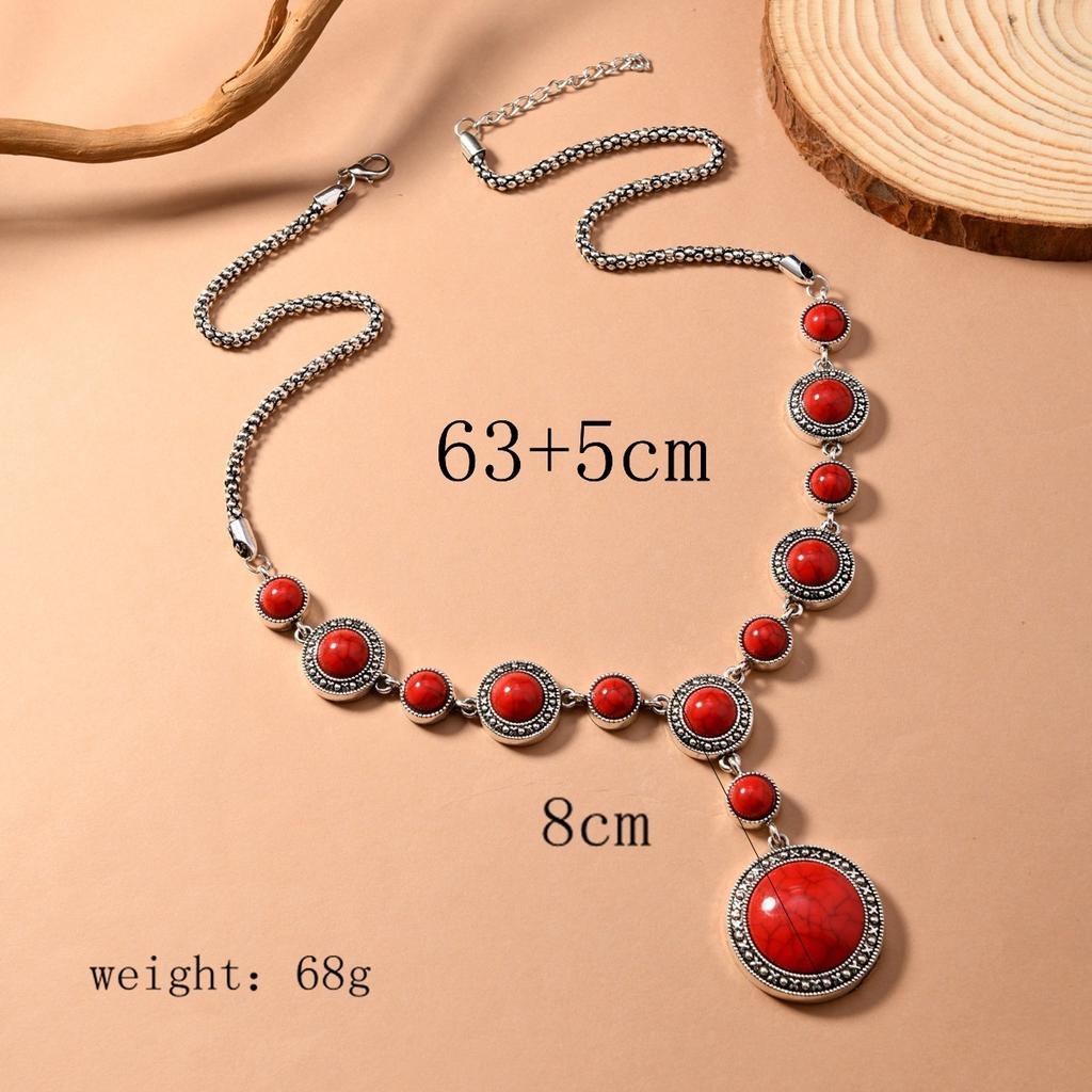 Boho Western Ethnic Vintage Antique Silver Alloy Geometric Imitation Turquoise Necklace Party Accessories For Women