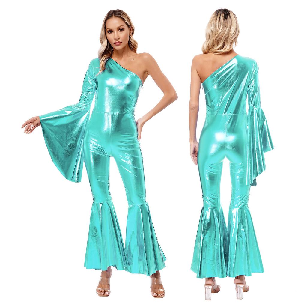 Womens Clubwear Bodysuit Metallic Bell-Bottom Flare Sleeve Carnival Theme Costume