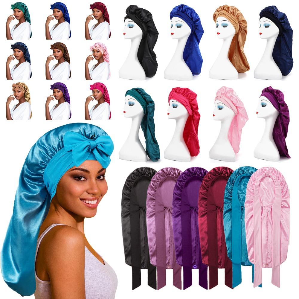 Silky Satin Sleep Bonnet Extra Large Sauna  Shower Caps Solid Color Women Long Sleep Cap