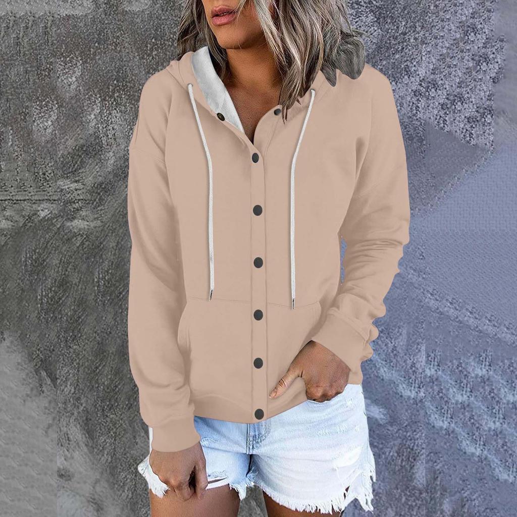 Women's Fashion Casual Solid Colour Button Hoodie Long Sleeve Sweatshirt Drawstring Jacket Coat
