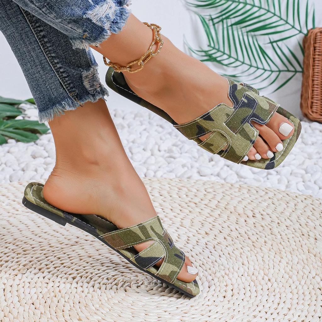 Армейский зеленый Кожаные женские тапочки с открытым каблуком Плоская повседневная пляжная обувь для пар Удобные сандалии для женщин