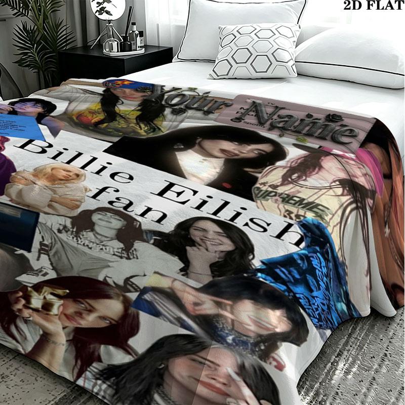 1PC Billie Eilish Custom Name Patterned Flannel Blanket Suitable For All Seasons for Home Decor Warmth and Comfort Gifts Holiday Present