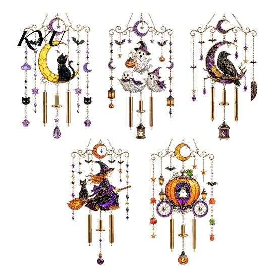 Easy Installation Metal Chain Ornaments Halloween Stained Glass Style Wind Chime, Acrylic Suncatcher Hanging Ornament with Ghost Black Cat Chimes
