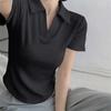 Летний топ с короткими рукавами и лацканами, женские однотонные пуловеры с v-образным вырезом, милые рубашки в стиле ретро, ​​укороченный топ для девочек, женская тонкая универсальная футболка