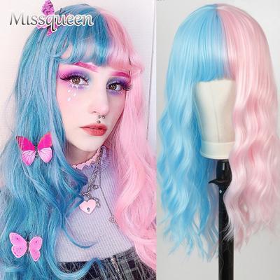 Длинный синтетический парик с объемной волной, полусиний, полурозовый парик для девочек, розовые парики для волос с челкой, термостойкие парики для косплея/Лолиты