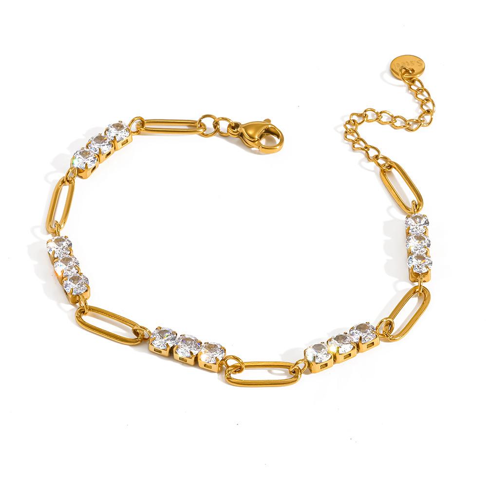 French light luxury zircon inlaid stainless steel bracelet women's plated 18k gold paperclip hollow high-end ins jewelry