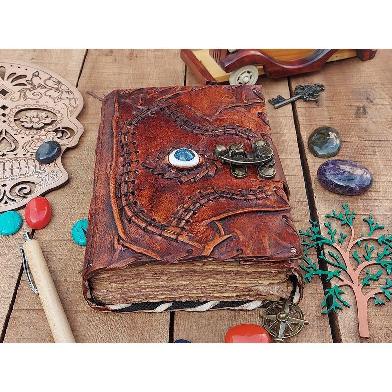 Vintage Leather Journal Grimoire Spell Book Third Eye Wicca Pegan Notebook for Travel Sketchbook Men Women Best Gift