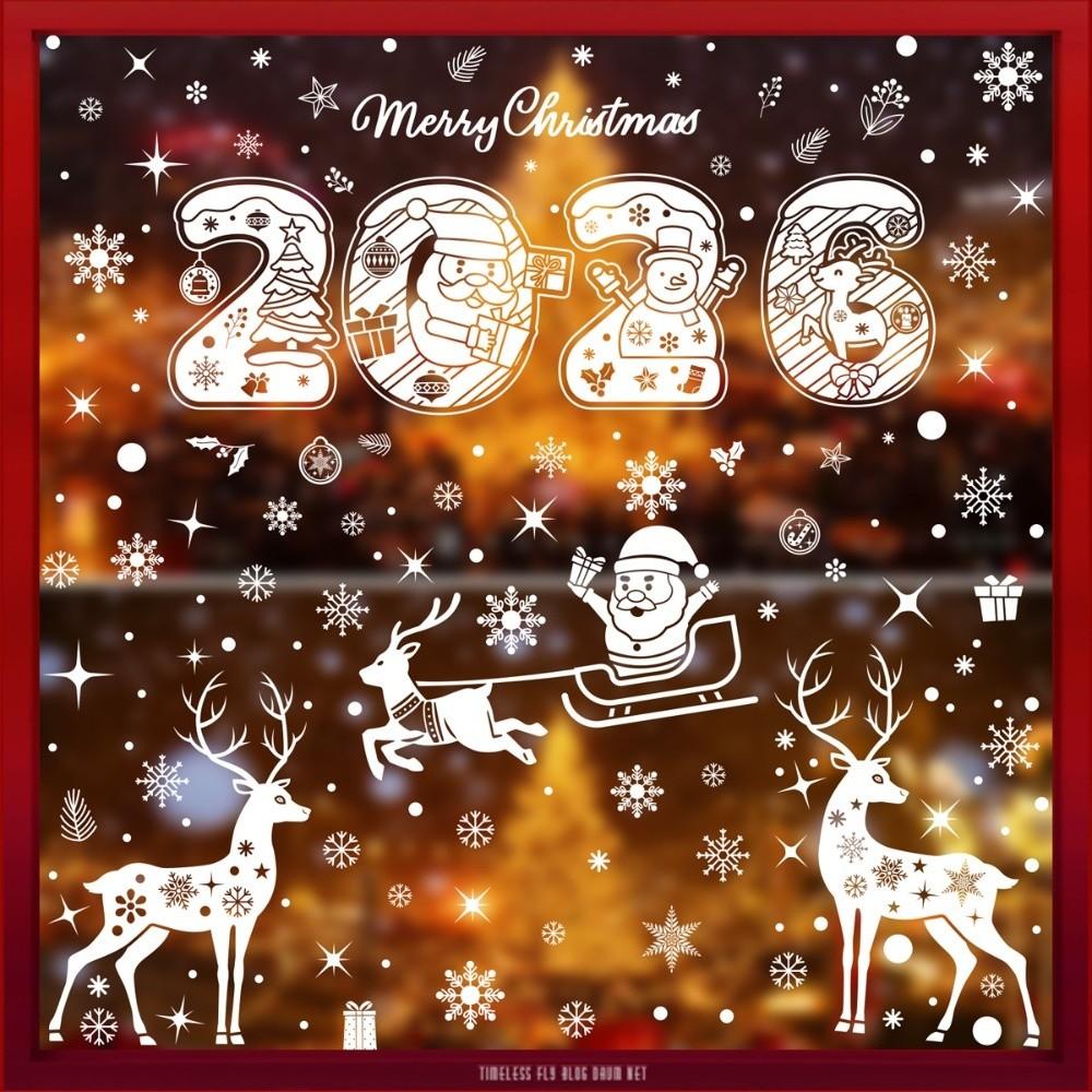 2026 Christmas Window Sticker Santa Claus Pattern Elk Snowman Design Festival Party Sticker Snowflake Motif