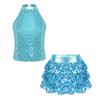 Girls  Jazz Dance Outfit Halter Sleeveless Sequin Crop Top Tiered Ruffle Skirted Shorts Set