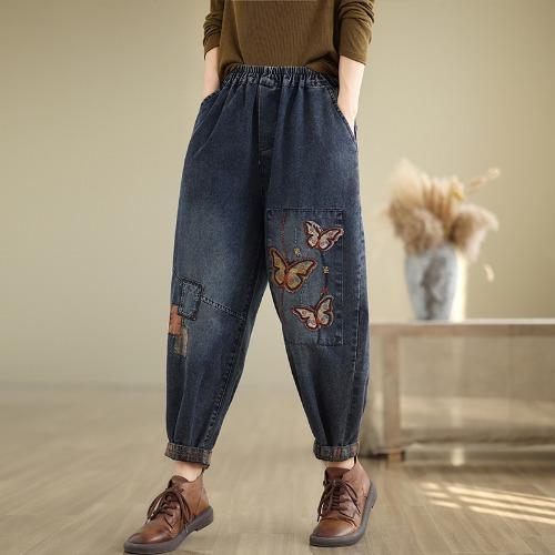 Fashion Butterfly Embroidery Women's Vintage Patchwork Denim Pants Elastic Waist Casual Loose Jeans Ankle Length Harem Trouser