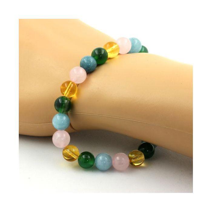 Pierres et Minéraux. Bracelet Perles Quartz rose + Citrine + Aigue-Marine + Agate verte 8 Fabriqué en France.