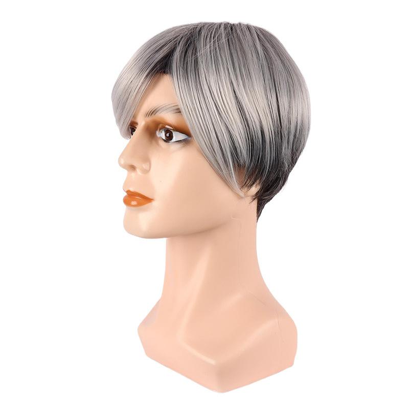 Synthetic Ombre Grey Men Haircut Short Straight Male Wigs with Side Parting Bangs Cosplay Smooth Natural Heat Resistant