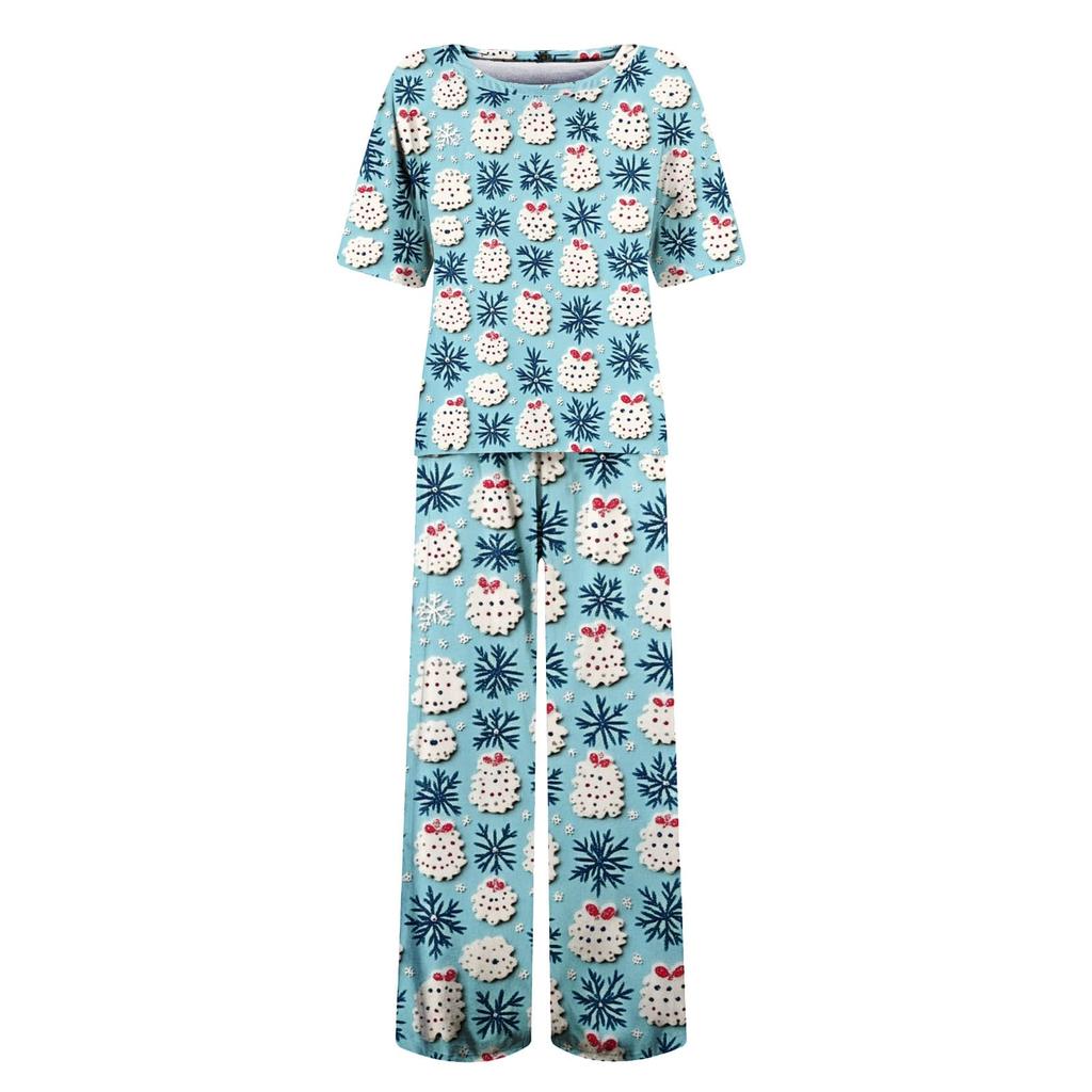 Женский шелковый атласный пижамный комплект с рождественским принтом, рубашка с коротким рукавом и длинные пижамные штаны, мягкая домашняя одежда