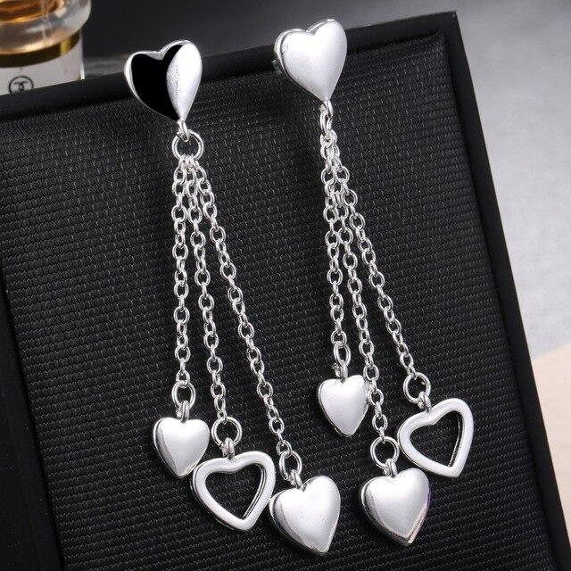 Womens Fashion 925 Sterling Silver Tassel Heart Earring Drop Earrings for Girls Kids Wedding Gift Jewelry Brincos
