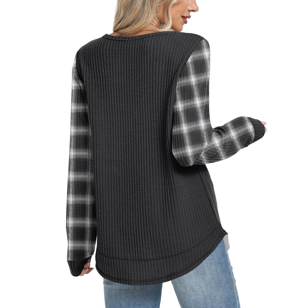 Женский повседневный топ свободного кроя с круглым вырезом и длинными рукавами в клетку