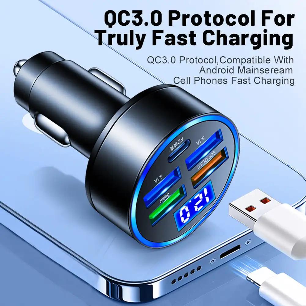 250W Car Charger QC3.0 PD Fast Charging with LED Display, 5-Port USB Car Adapter Compatible with iPhone & Android