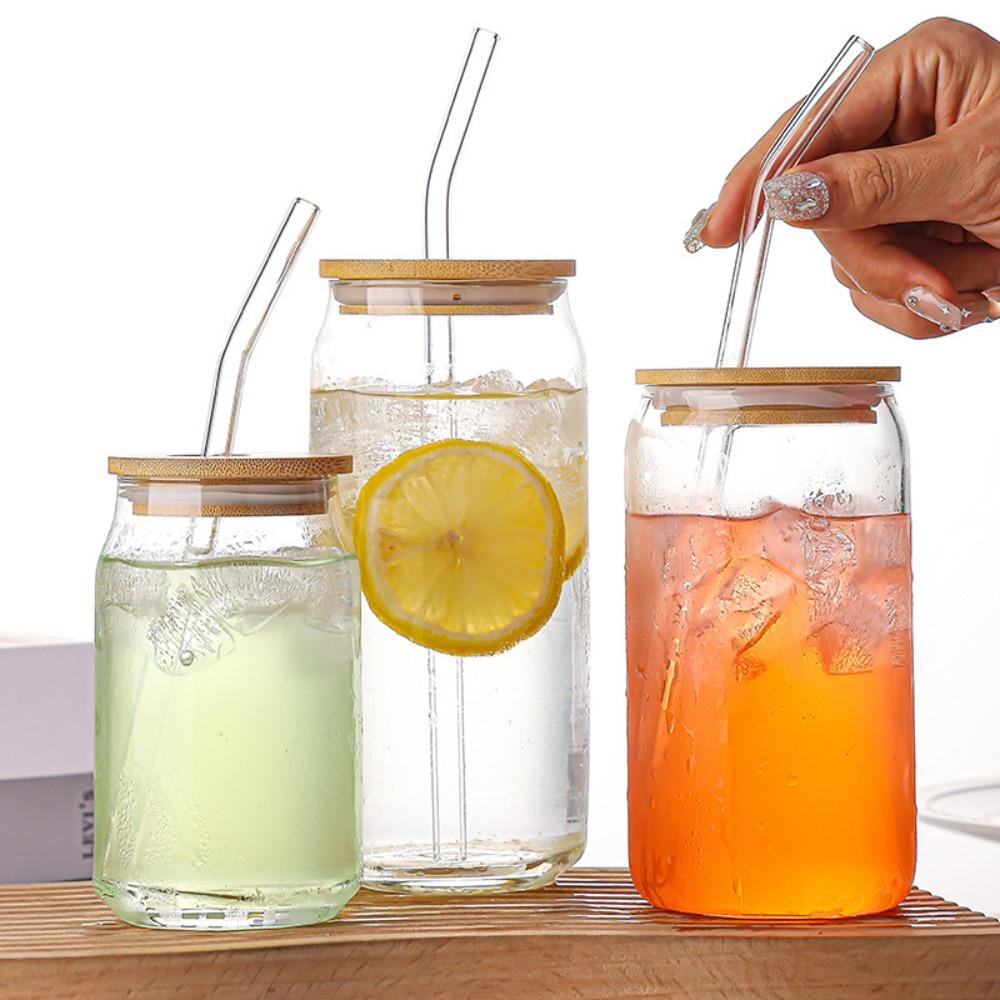 Spill-Proof Glass Drink Cup With Straw and Lid Glass Straw Cup Household Bubble Tea Cup Office