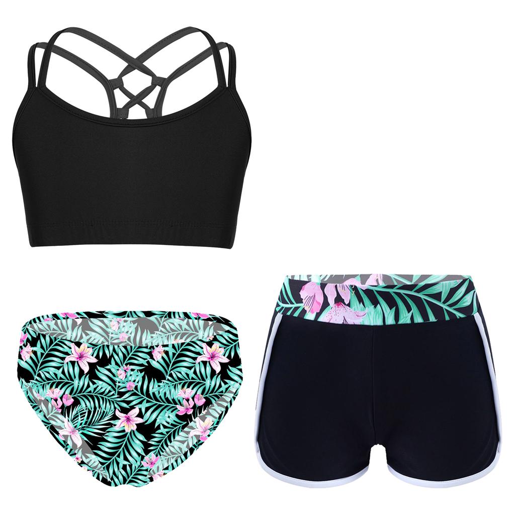 Girls 2 Piece Swim Set Strappy Back Crop Top Elastic Briefs Swim Shorts Beach Pool Sun Outfit