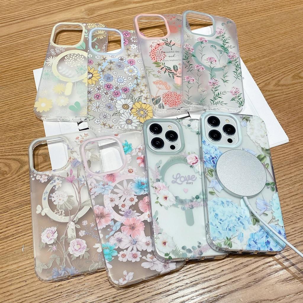 Подходит для чехла для мобильного телефона iPhone 16 Маленькие свежие цветы Apple 15promax Мощное магнитное притяжение и защита от падений