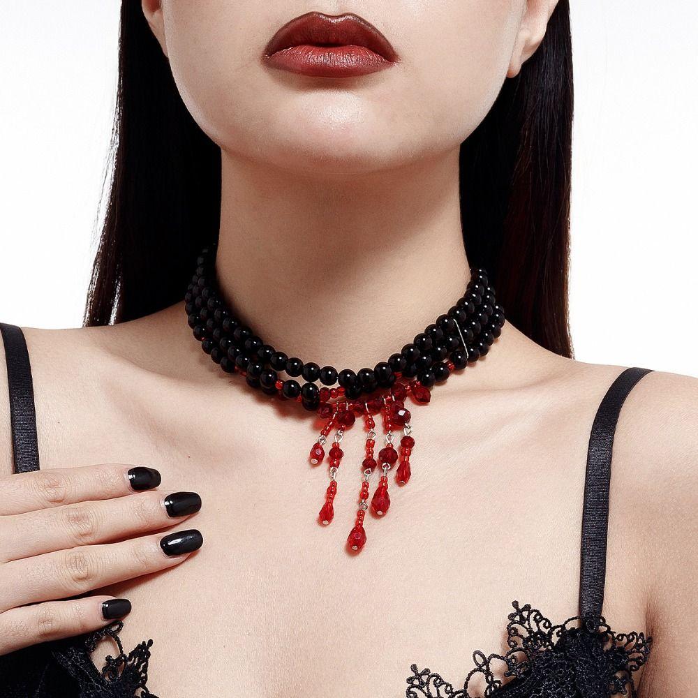 Multilayer Halloween Choker Imitation Crystal Beads Necklace Fashion Blood Drop Necklace Party