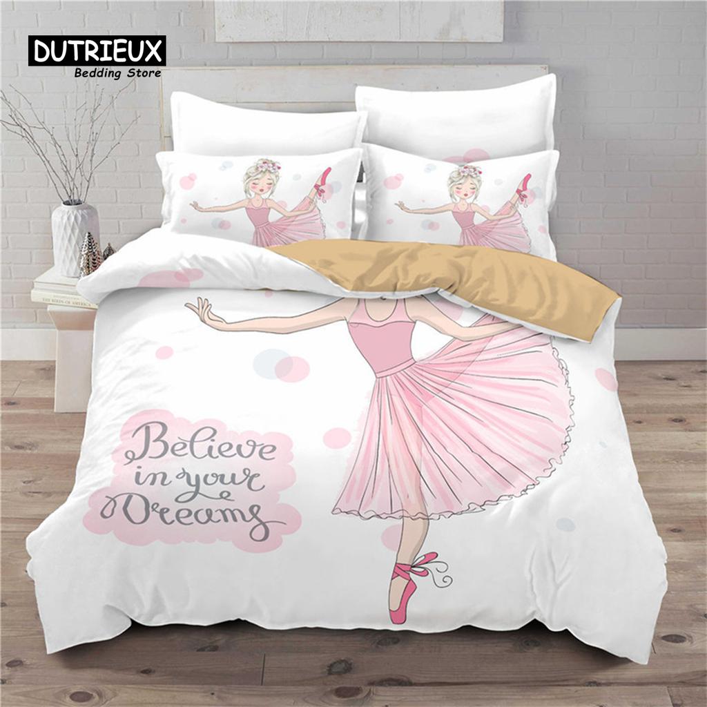 Cartoon Ballet Girl Toddler Bedding Set For Kids Teen Girls Microfiber Modern Swan Cat Unicorn Print Duvet Cover Bedroom Decor