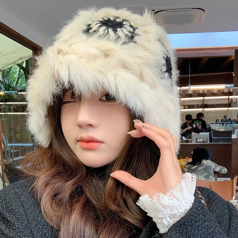 Вязаная шапка-ведро из меха кролика, женская, зима 2023, новая плюшевая утолщенная термошапка с изображением маленького лица