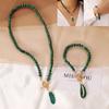 Green Malachite Alloy Leaves Women Necklace Fashion Necklace Bracelet Retro Stone Pendant Pearl Bracelet Accessories