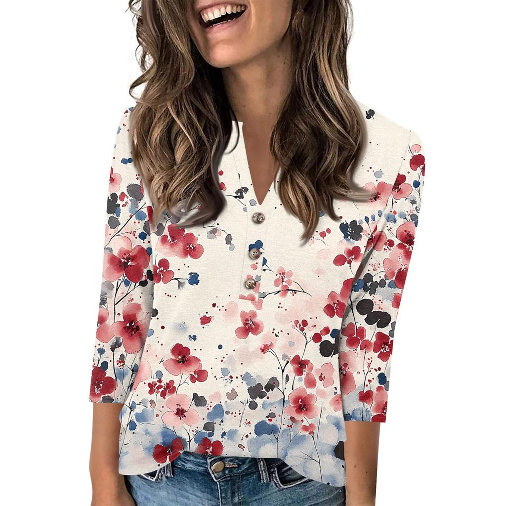 Женский модный повседневный пуловер с рукавом 3/4, принтом на пуговицах и V-образным вырезом