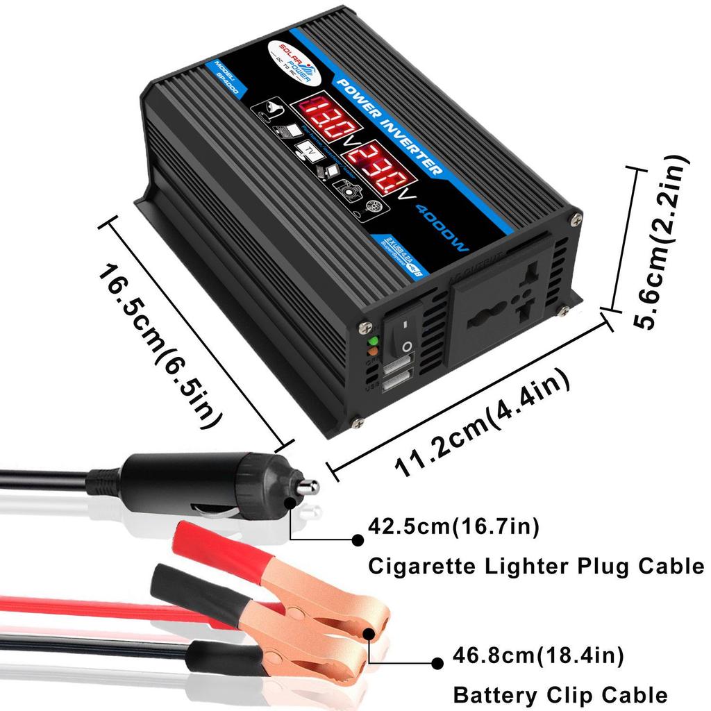 Автомобильный инвертор DC12V в AC220V: Модифицированная синусоида, Светодиодный дисплей, Двойная быстрая зарядка USB, Совместимость с солнечными панелями