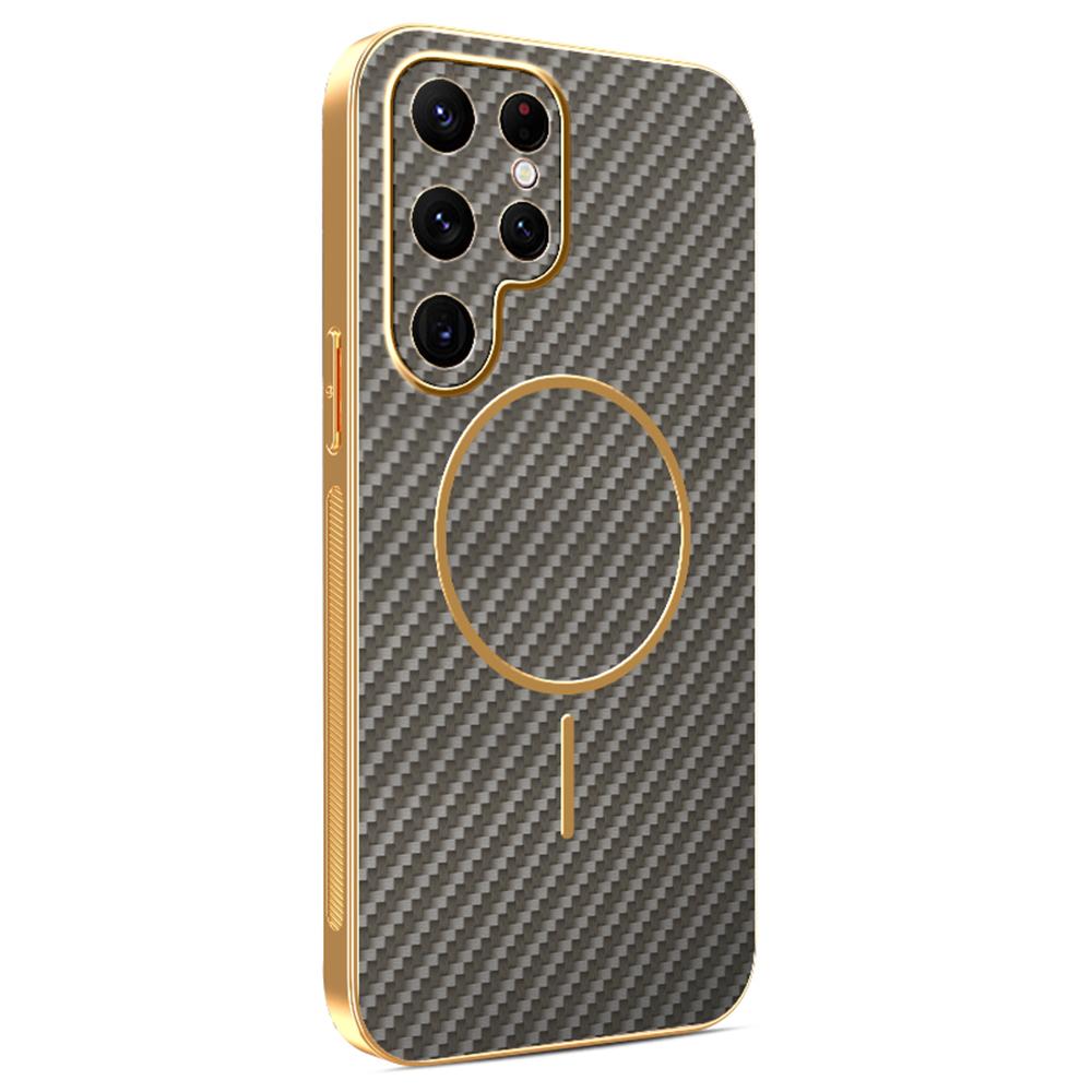 For Samsung Galaxy S22 Ultra 5G Phone Case Carbon Fiber Textured Electroplated TPU Back Cover