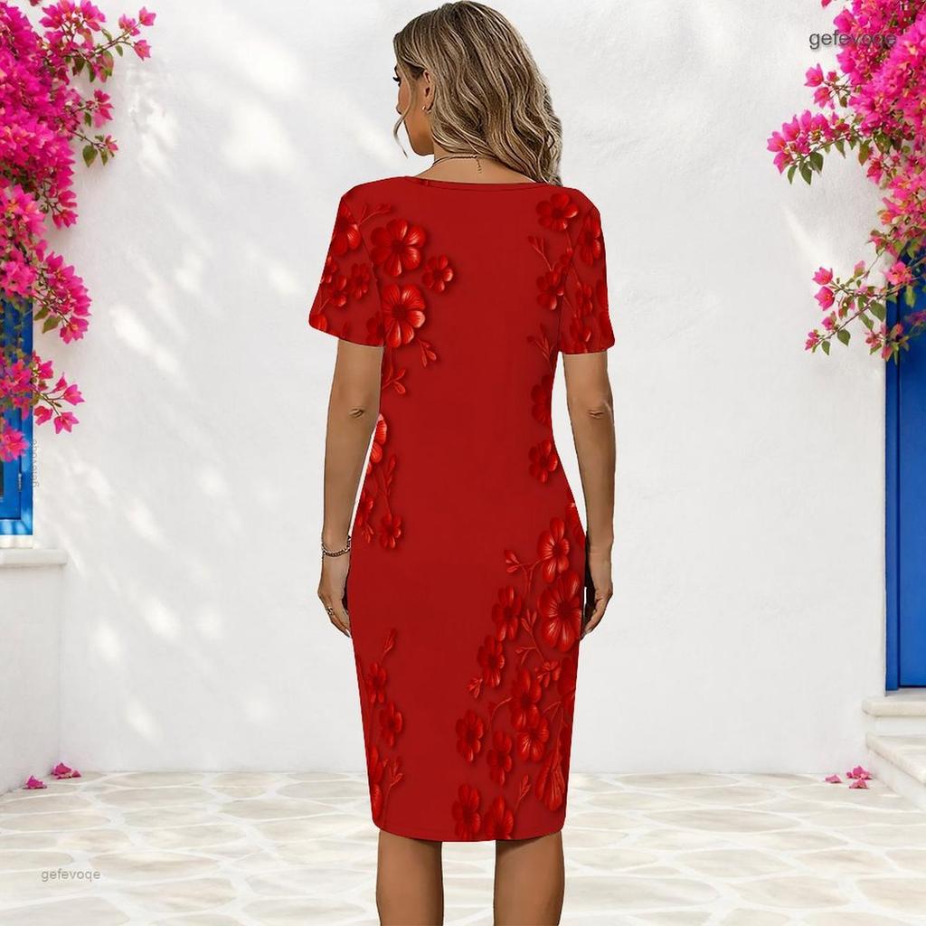 Women Plus Size Round Neck Short Sleeve Floral Printed Fitted Midi Dress
