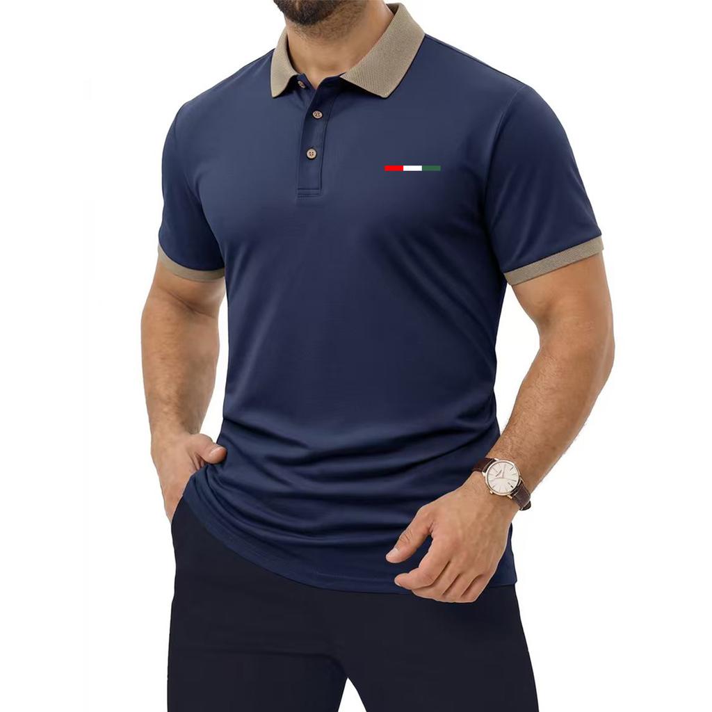 Casual men's golf polo shirt with a three-button collar and contrasting collar trim-made from soft fabric, perfect for work or social gatherings